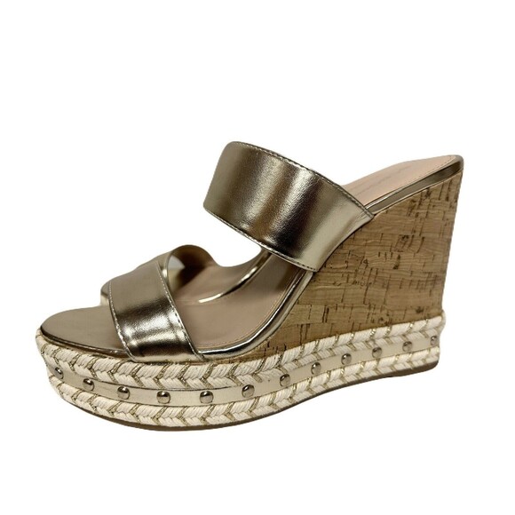 NEW BCBGeneration Nexti Cork Wedge Sandal Womens Size 10 Platino Gold Vegan Lthr - Picture 2 of 10